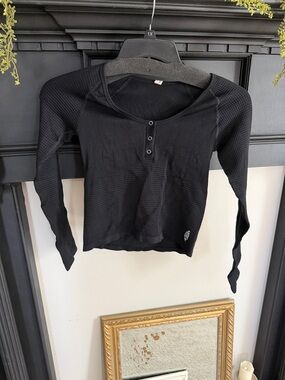 Free people Movement Black Women's Thermal Henley Long-Sleeve Top